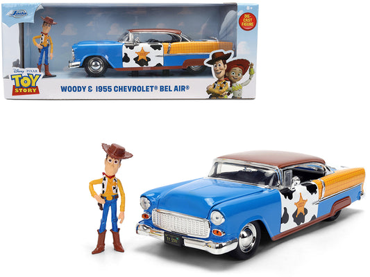 1955 Chevrolet Bel Air Blue with Graphics and Woody Diecast Figure "Toy Story" Franchise "Hollywood Rides" Series 1/24 Diecast Model Car