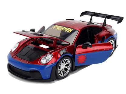 Porsche 911 GT3 RS (992) Red and Blue with Graphics and Spider-Man Diecast Figure "Marvel Spider-Man" "Hollywood Rides" Series 1/24 Diecast Model Car