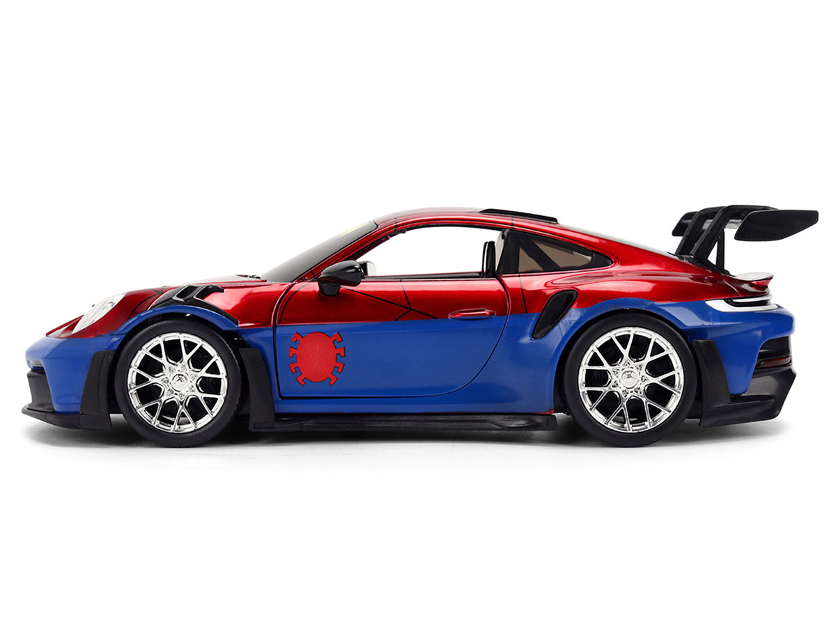 Porsche 911 GT3 RS (992) Red and Blue with Graphics and Spider-Man Diecast Figure "Marvel Spider-Man" "Hollywood Rides" Series 1/24 Diecast Model Car