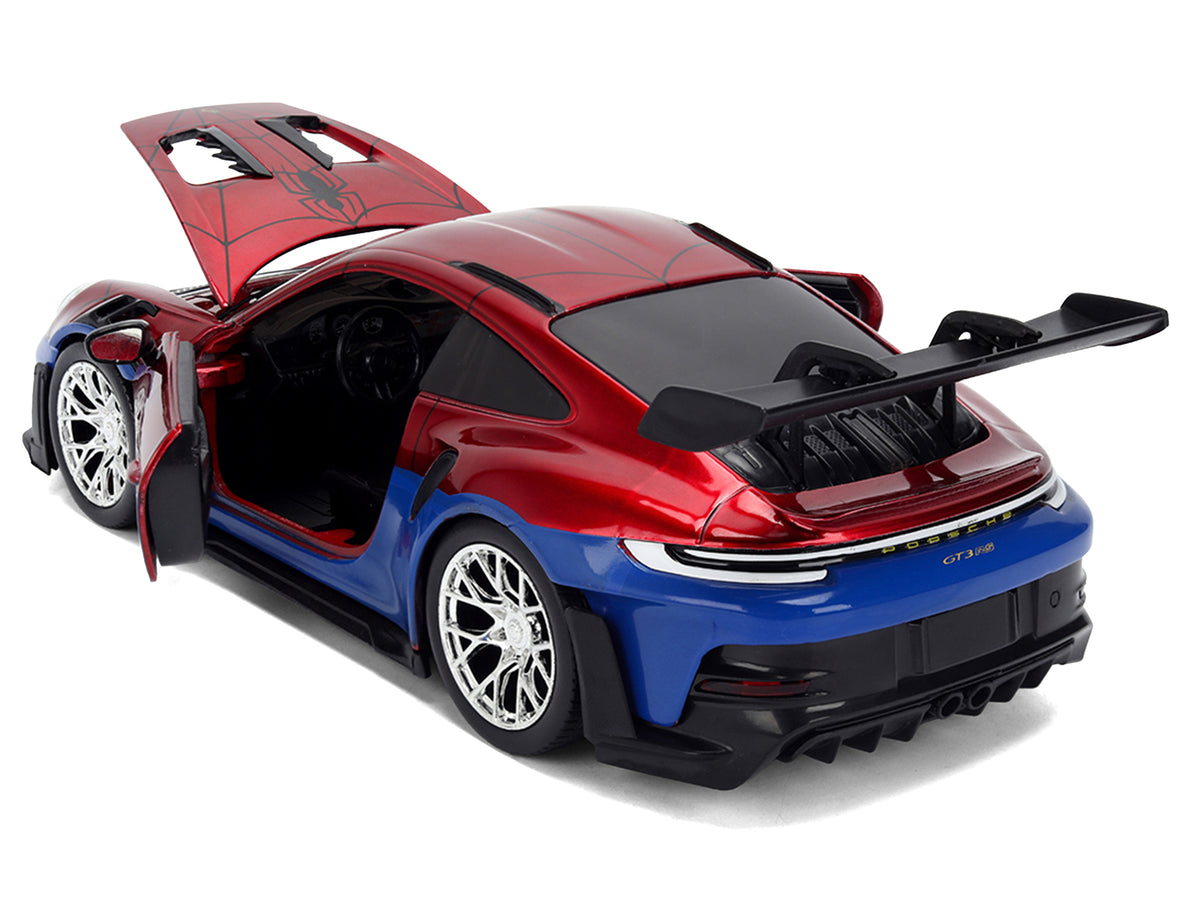 Porsche 911 GT3 RS (992) Red and Blue with Graphics and Spider-Man Diecast Figure "Marvel Spider-Man" "Hollywood Rides" Series 1/24 Diecast Model Car