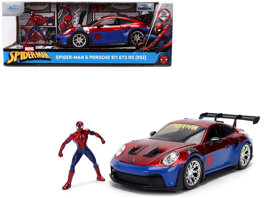 Porsche 911 GT3 RS (992) Red and Blue with Graphics and Spider-Man Diecast Figure "Marvel Spider-Man" "Hollywood Rides" Series 1/24 Diecast Model Car