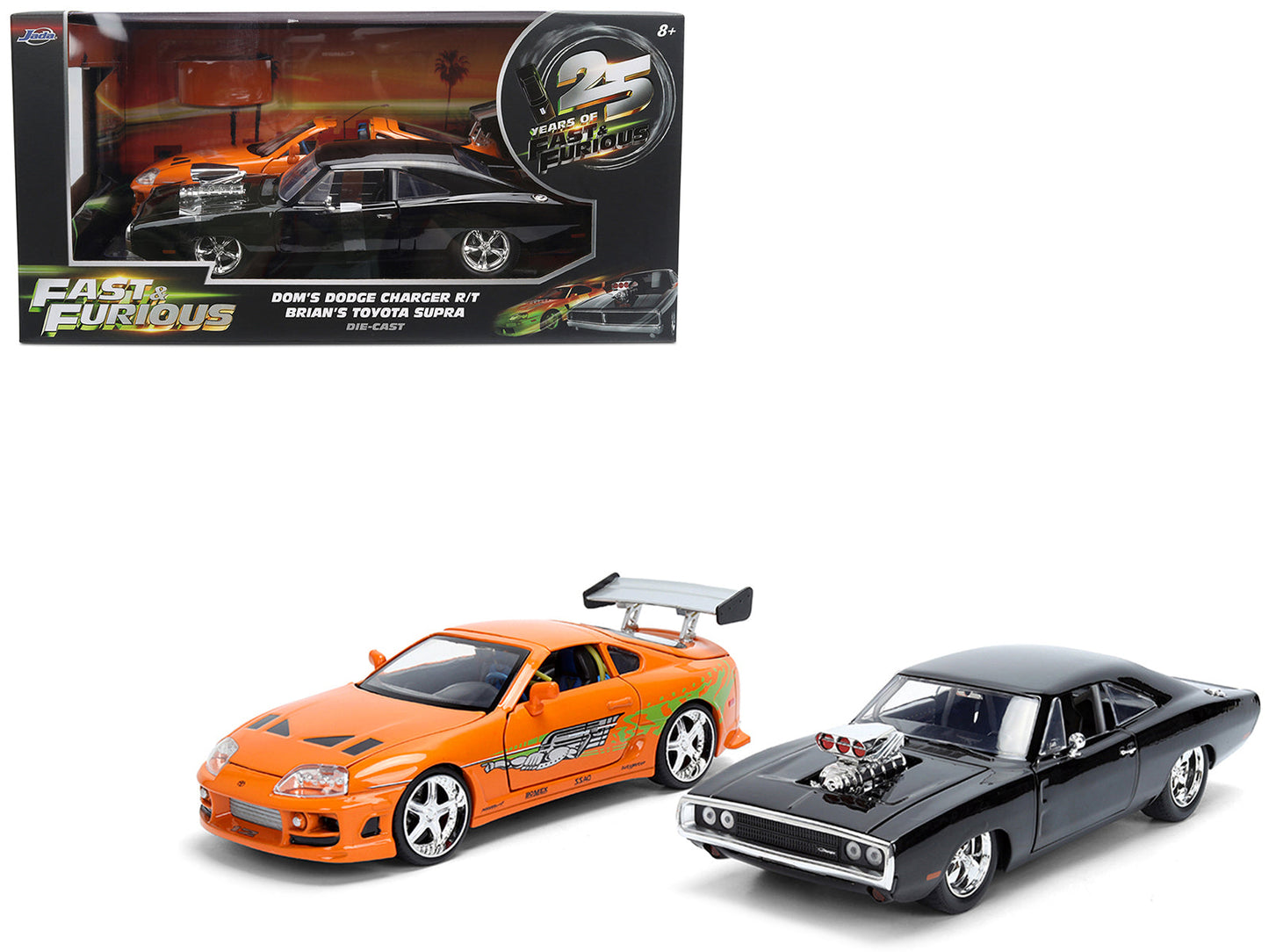 Dom's 1970 Dodge Charger R/T Black and Brian's Toyota Supra Orange with Graphics Set of 2 Cars "Fast & Furious 25th Anniversary" "Fast & Furious" Series 1/24 Diecast Model Cars
