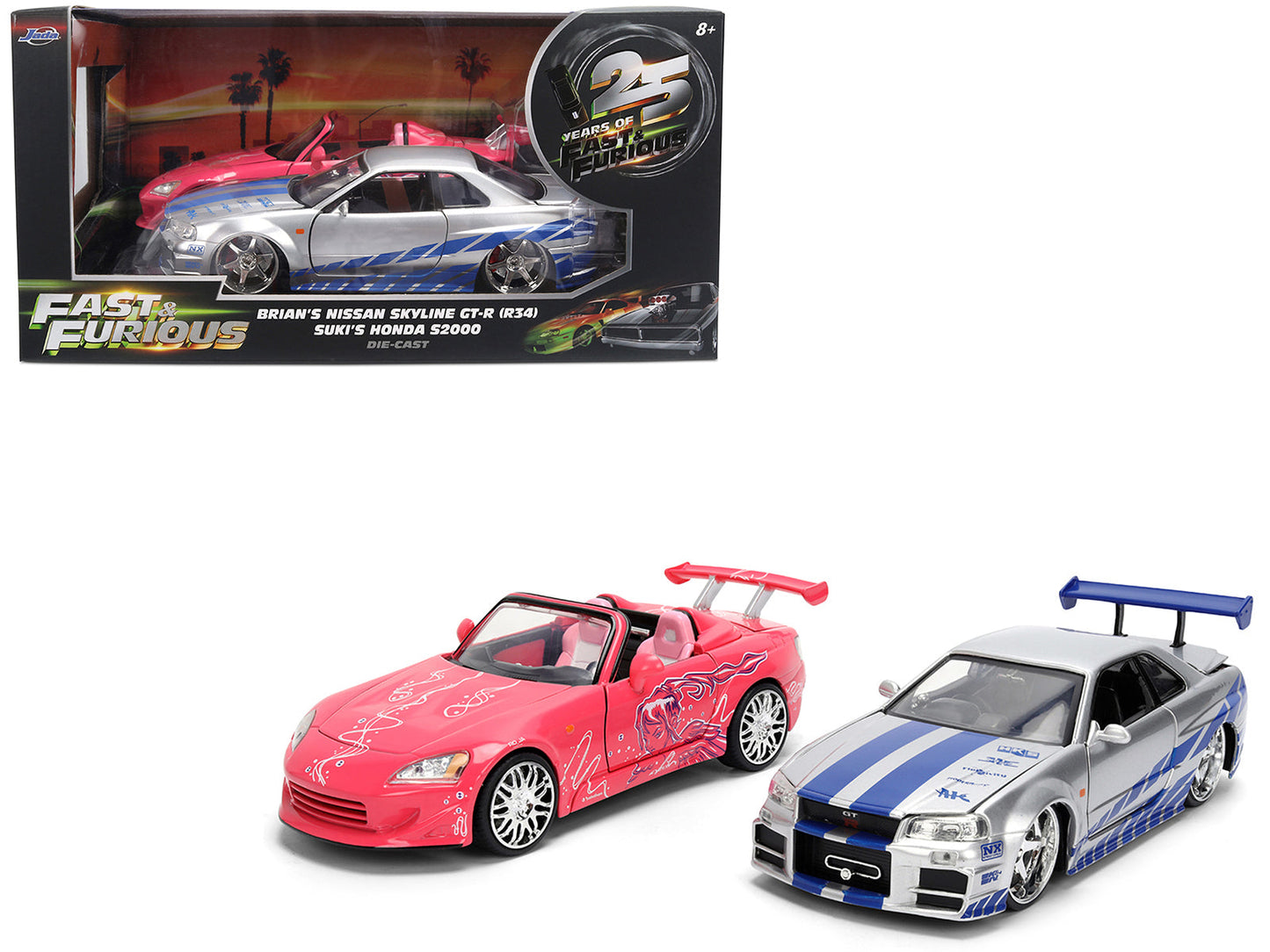 Brian's Nissan Skyline GT-R (R34) Silver Metallic with Blue Stripes and Suki's Honda S2000 Pink with Graphics Set of 2 Cars "Fast & Furious 25th Anniversary" "Fast & Furious" Series 1/24 Diecast Model Cars
