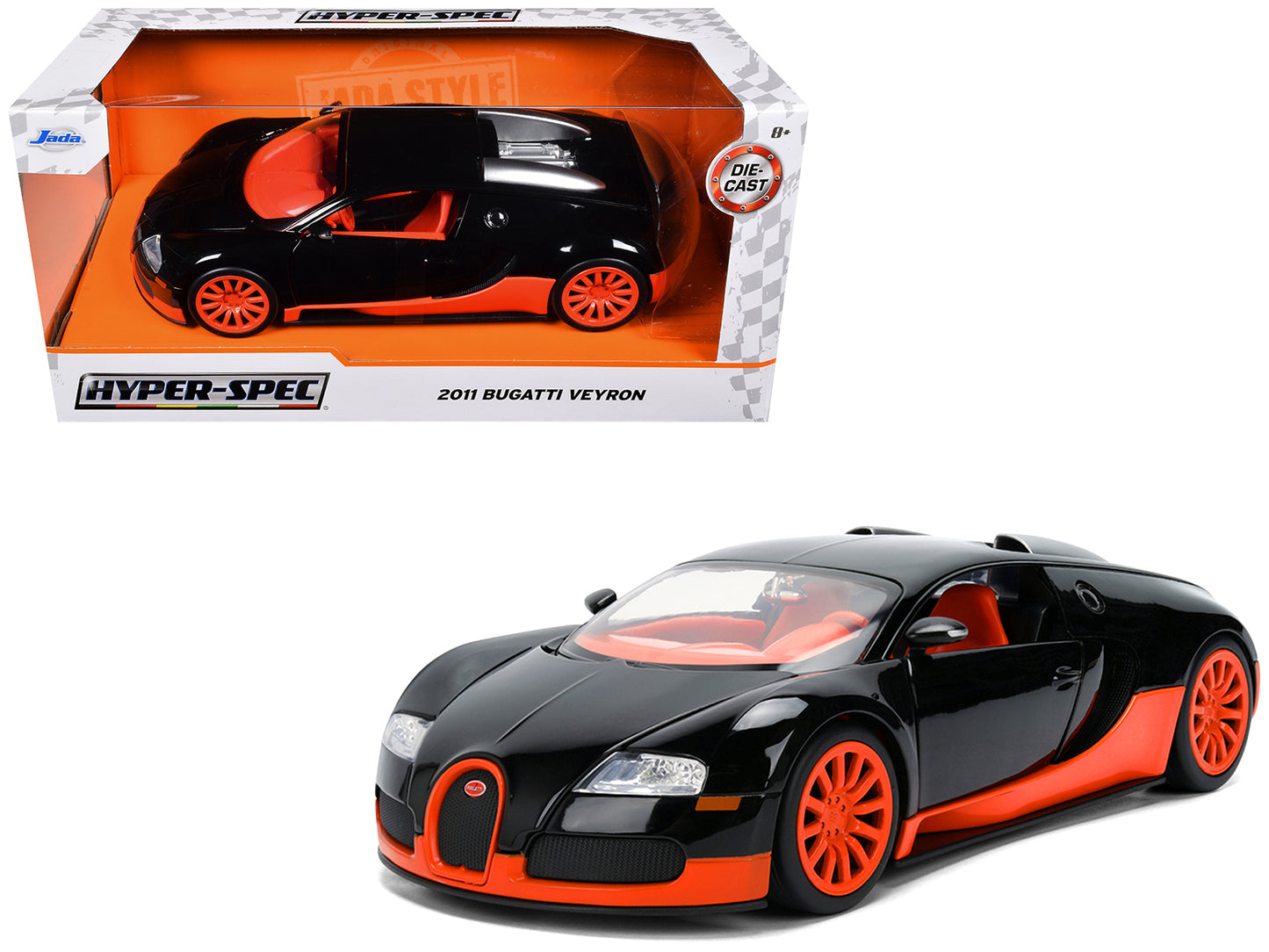 2011 Bugatti Veyron Black with Orange Accents and Orange Interior "Hyper-Spec" Series 1/24 Diecast Model Car