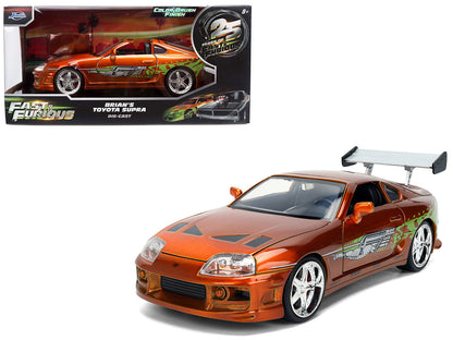 Brian's Toyota Supra Orange Color Brush Finish 25 Years of Fast & Furious Anniversary "The Fast and the Furious" (2001) Movie "Fast & Furious" Series 1/24 Diecast Model Car