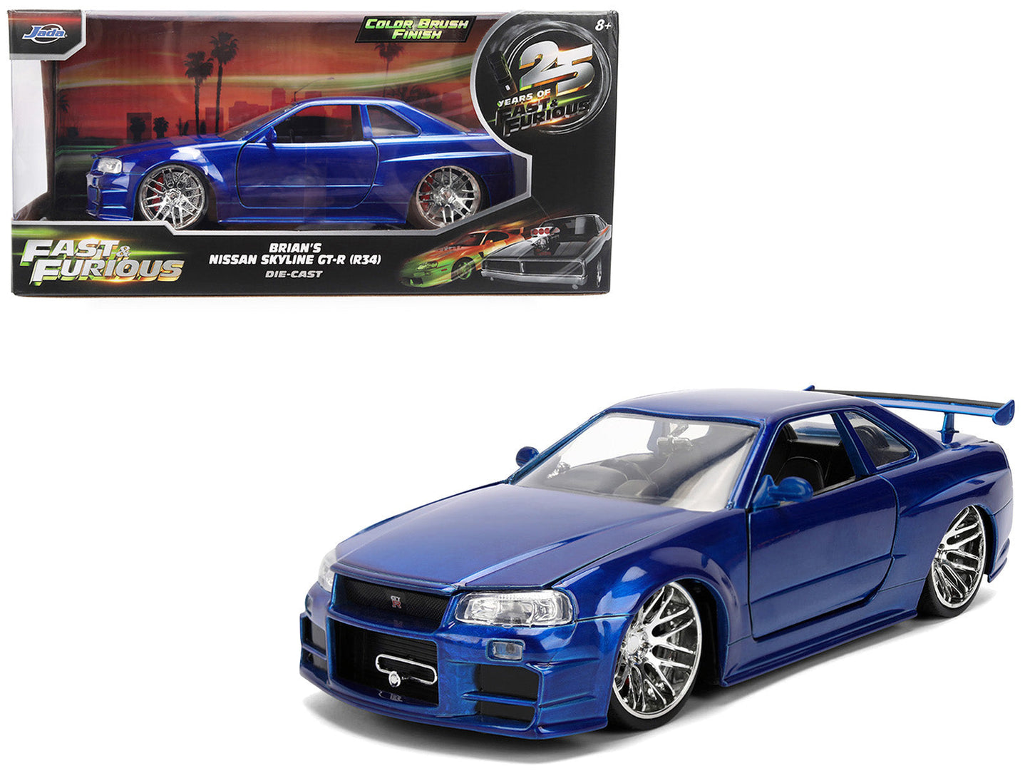 Brian's Nissan Skyline GT-R (R34) RHD (Right Hand Drive) Blue Color Brush Finish 25 Years of Fast & Furious Anniversary "2 Fast 2 Furious" (2003) Movie "Fast & Furious" 1/24 Diecast Model Car