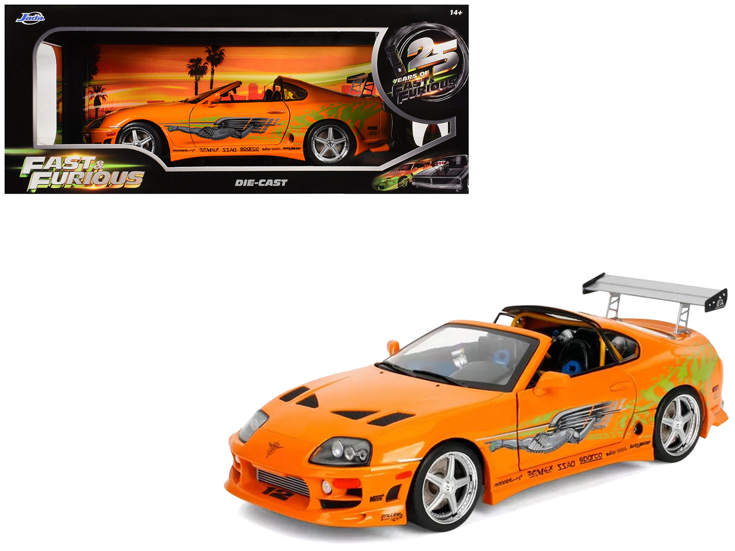 1993 Toyota Supra Orange with Graphics "The Fast and the Furious" (2001) Movie "25 Years of Fast & Furious" Series 1/18 Diecast Model Car