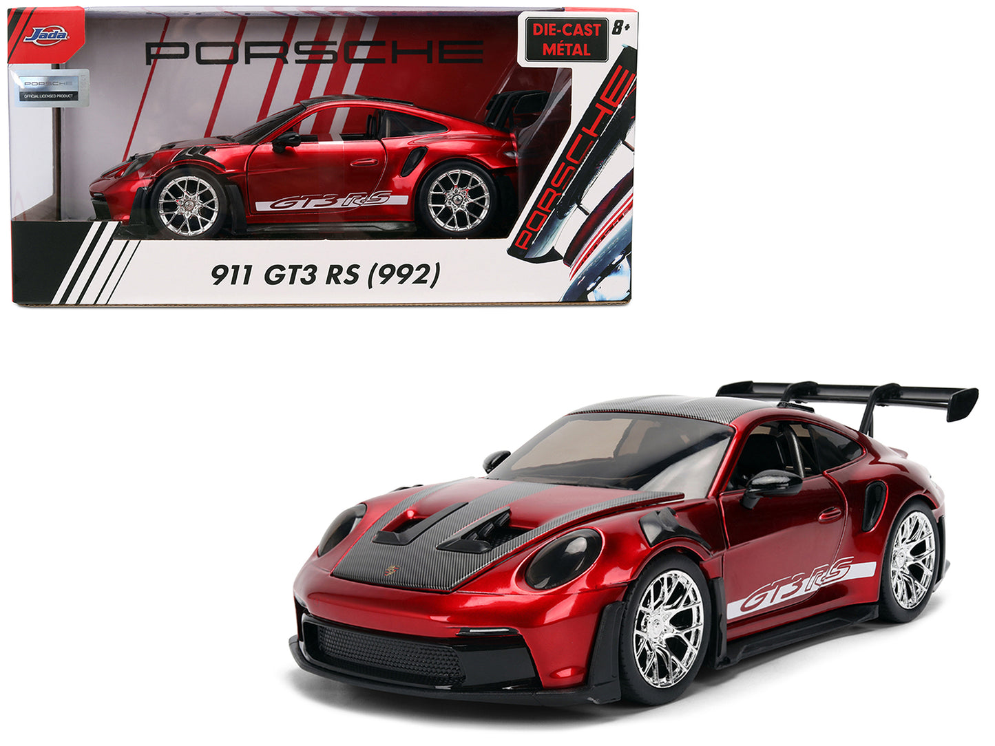 Porsche 911 (992) GT3 RS Red Chrome with Carbon Top and Hood Stripes "Hyper-Spec" Series 1/24 Diecast Model Car