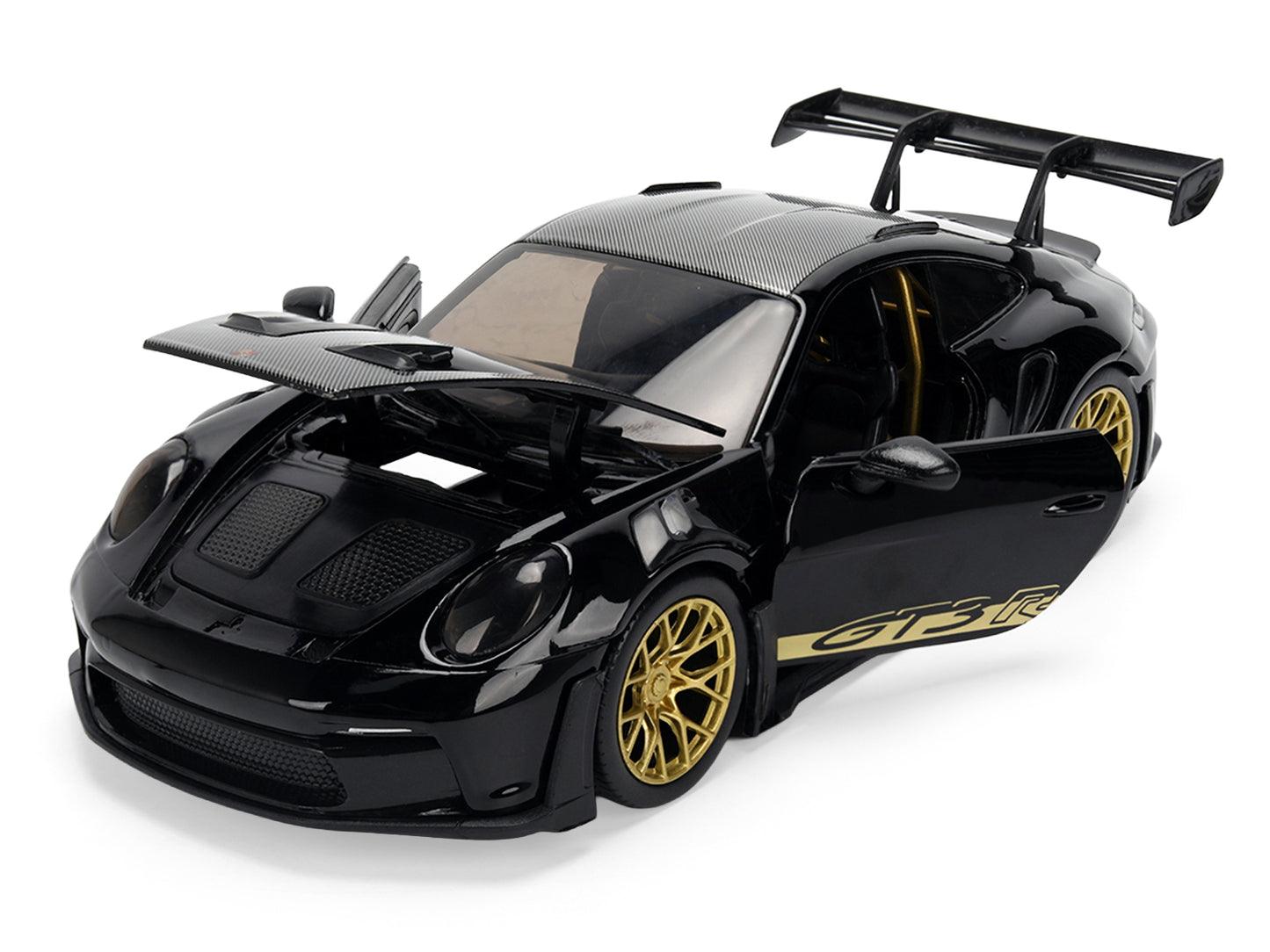 Porsche 911 (992) GT3 RS Black with Carbon Top and Hood Stripes and Gold Wheels "Hyper-Spec" 1/24 Diecast Model Car