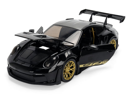 Porsche 911 (992) GT3 RS Black with Carbon Top and Hood Stripes and Gold Wheels "Hyper-Spec" 1/24 Diecast Model Car