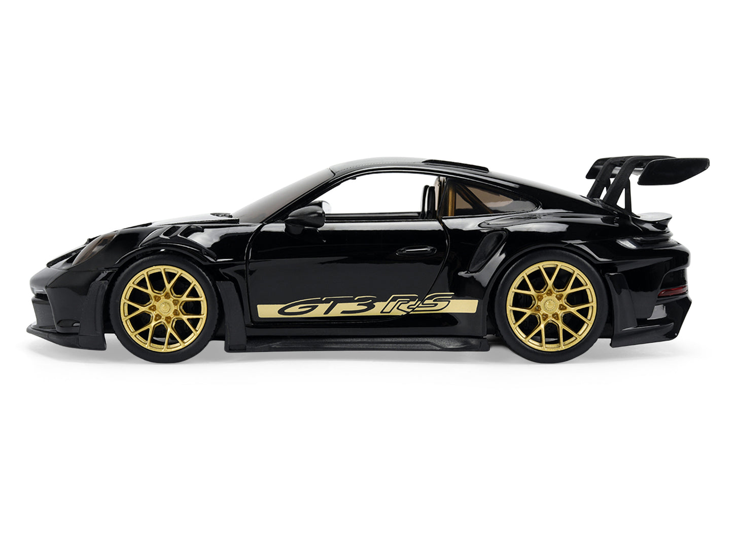 Porsche 911 (992) GT3 RS Black with Carbon Top and Hood Stripes and Gold Wheels "Hyper-Spec" 1/24 Diecast Model Car