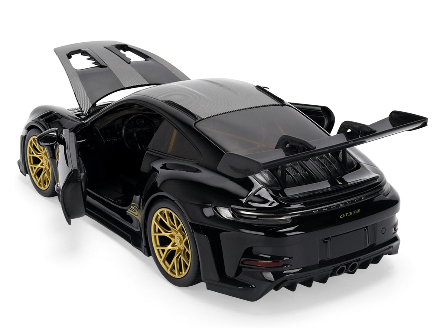 Porsche 911 (992) GT3 RS Black with Carbon Top and Hood Stripes and Gold Wheels "Hyper-Spec" 1/24 Diecast Model Car