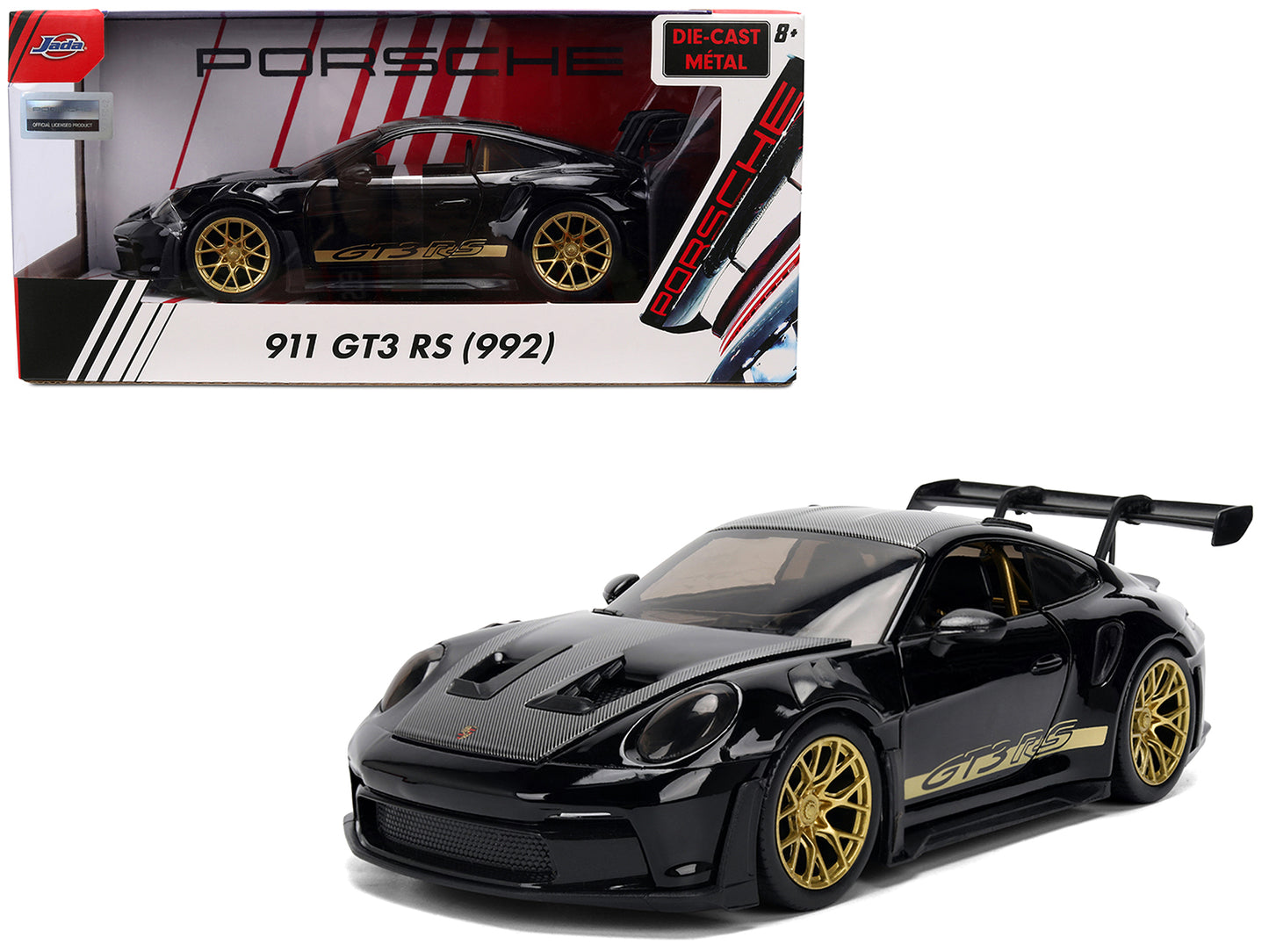 Porsche 911 (992) GT3 RS Black with Carbon Top and Hood Stripes and Gold Wheels "Hyper-Spec" 1/24 Diecast Model Car