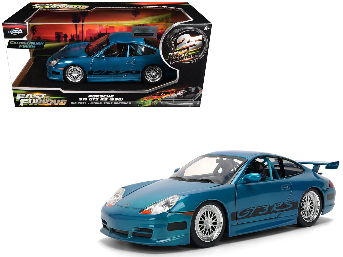 Porsche 911 GT3 RS (996) Blue Color Brush Finish "Fast Five" (2011) Movie "25 Years of Fast & Furious" Series 1/24 Diecast Model Car