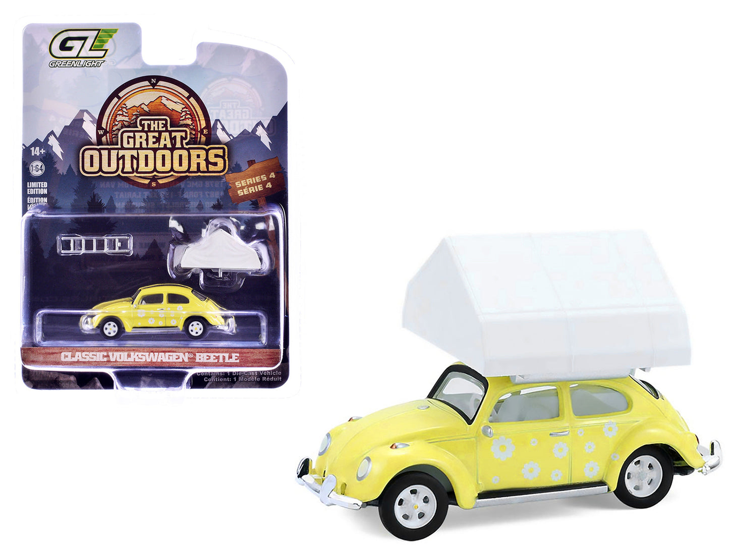 Volkswagen Classic Beetle Yellow with White Flower Graphics and Interior with Camp'otel Cartop Sleeper Tent "The Great Outdoors" Series 4 1/64 Diecast Model Car