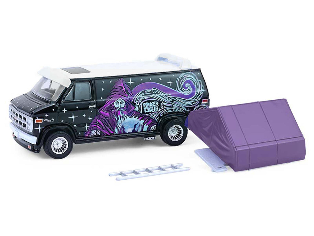 1978 GMC Vandura Custom Van Black with Wizard Graphics and White Top with Camp'otel Cartop Sleeper Tent "The Great Outdoors" Series 4 1/64 Diecast Model Car
