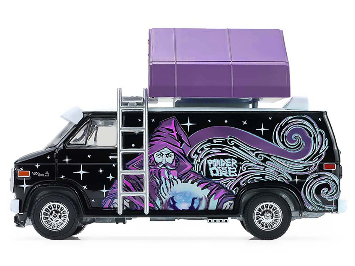 1978 GMC Vandura Custom Van Black with Wizard Graphics and White Top with Camp'otel Cartop Sleeper Tent "The Great Outdoors" Series 4 1/64 Diecast Model Car