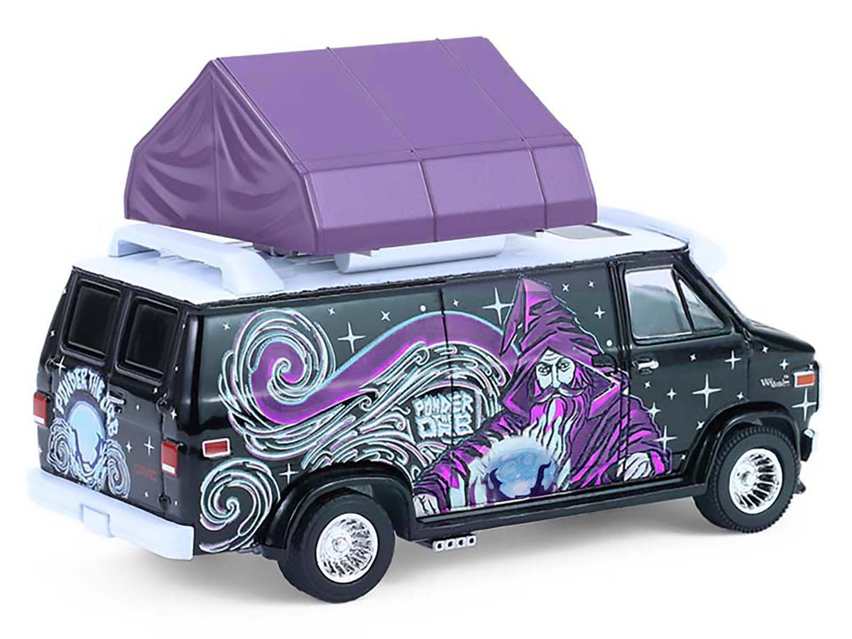 1978 GMC Vandura Custom Van Black with Wizard Graphics and White Top with Camp'otel Cartop Sleeper Tent "The Great Outdoors" Series 4 1/64 Diecast Model Car