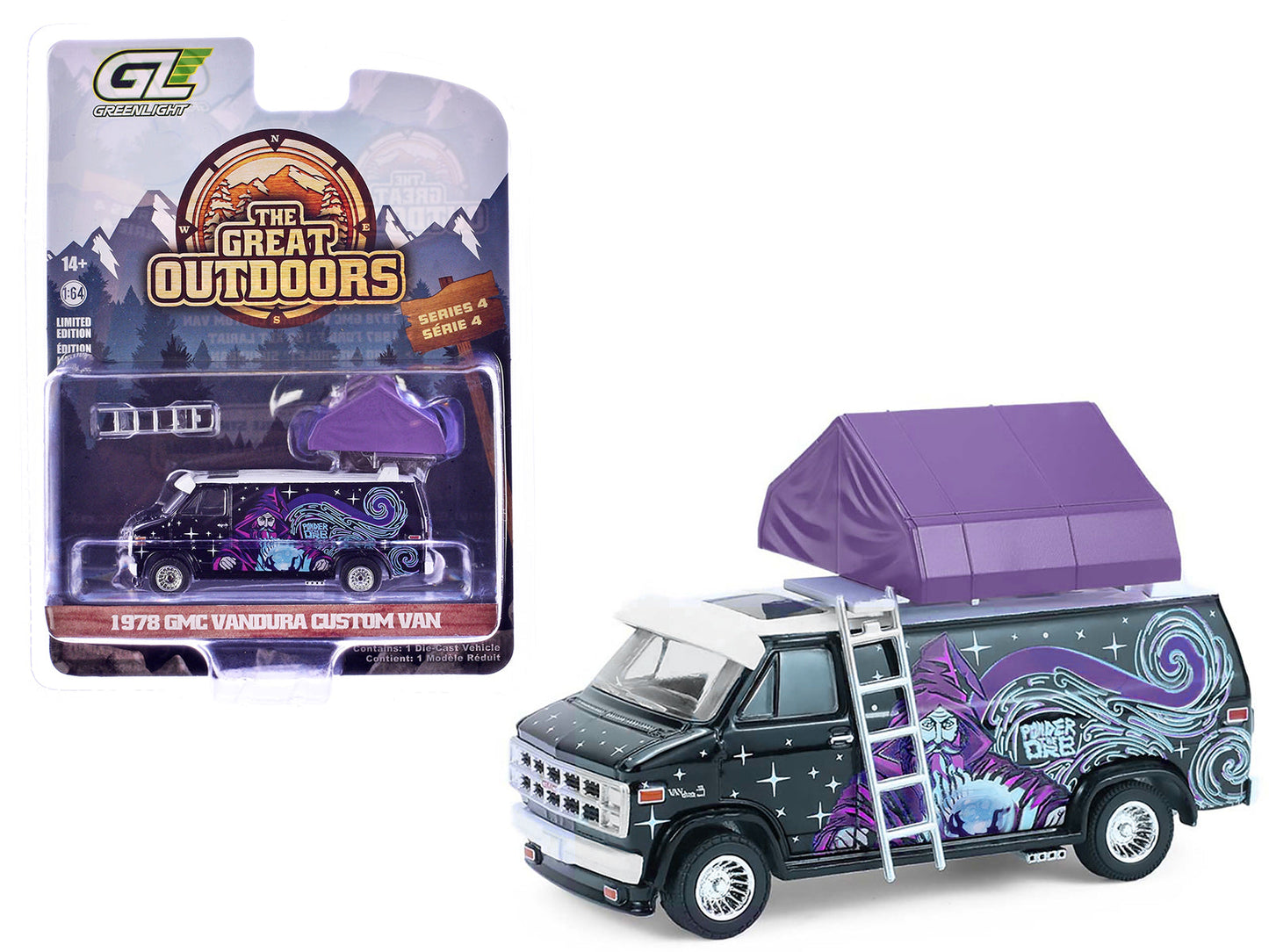1978 GMC Vandura Custom Van Black with Wizard Graphics and White Top with Camp'otel Cartop Sleeper Tent "The Great Outdoors" Series 4 1/64 Diecast Model Car