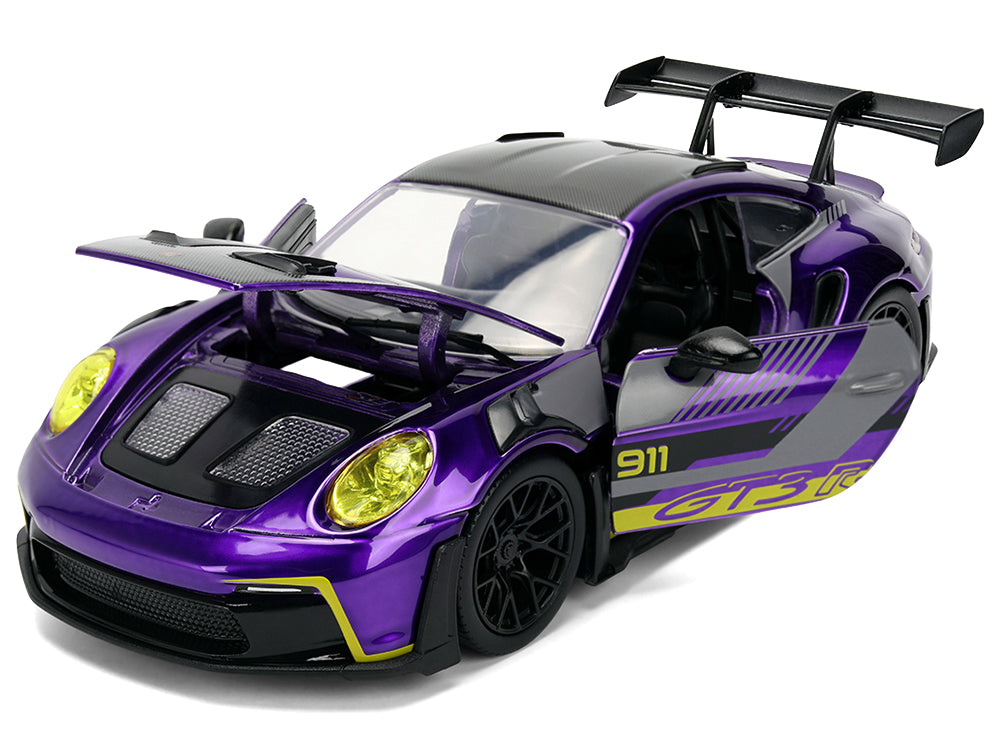 Porsche 911 GT3 RS (992) Candy Purple with Carbon Top and Hood Stripes and Graphics "AutoWorks" Series 1/24 Diecast Car Model