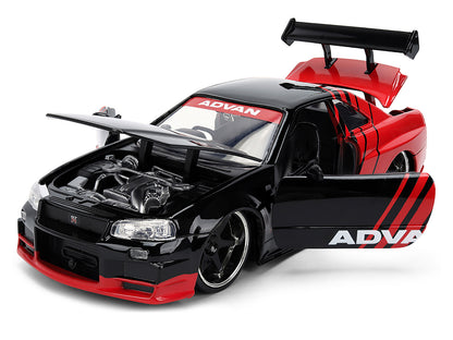 2002 Nissan Skyline GT-R (R34) RHD (Right Hand Drive) "ADVAN" Black and Red "AutoWorks" Series 1/24 Diecast Car Model