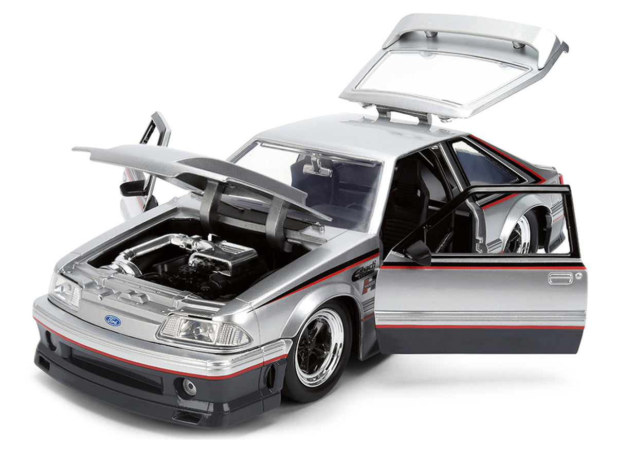 1989 Ford Mustang GT Silver Metallic and Gray with Black and Red Stripes "AutoWorks" Series 1/24 Diecast Car Model