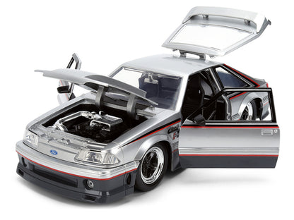1989 Ford Mustang GT Silver Metallic and Gray with Black and Red Stripes "AutoWorks" Series 1/24 Diecast Car Model