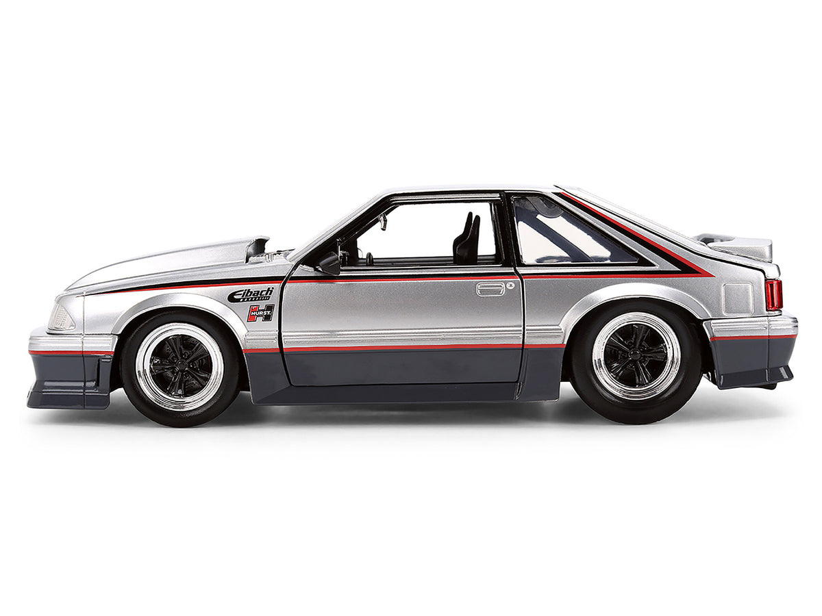 1989 Ford Mustang GT Silver Metallic and Gray with Black and Red Stripes "AutoWorks" Series 1/24 Diecast Car Model
