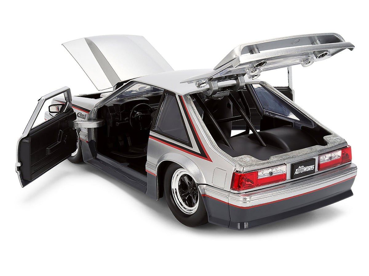 1989 Ford Mustang GT Silver Metallic and Gray with Black and Red Stripes "AutoWorks" Series 1/24 Diecast Car Model