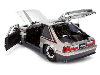 1989 Ford Mustang GT Silver Metallic and Gray with Black and Red Stripes "AutoWorks" Series 1/24 Diecast Car Model