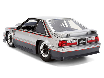 1989 Ford Mustang GT Silver Metallic and Gray with Black and Red Stripes "AutoWorks" Series 1/24 Diecast Car Model