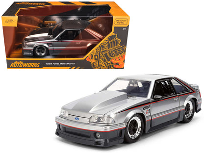 1989 Ford Mustang GT Silver Metallic and Gray with Black and Red Stripes "AutoWorks" Series 1/24 Diecast Car Model
