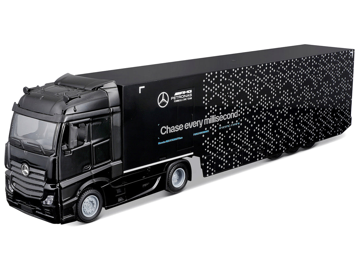 Mercedes-Benz Actros Gigaspace Car Transporter Black and Mercedes-AMG F1 W15 E Performance #63 George Russell "Petronas" Formula One F1 World Championship (2024) "Racing Hauler" Series 1/43 Diecast Model Car