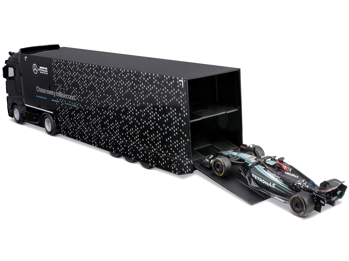 Mercedes-Benz Actros Gigaspace Car Transporter Black and Mercedes-AMG F1 W15 E Performance #63 George Russell "Petronas" Formula One F1 World Championship (2024) "Racing Hauler" Series 1/43 Diecast Model Car
