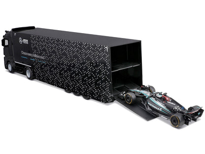 Mercedes-Benz Actros Gigaspace Car Transporter Black and Mercedes-AMG F1 W15 E Performance #63 George Russell "Petronas" Formula One F1 World Championship (2024) "Racing Hauler" Series 1/43 Diecast Model Car