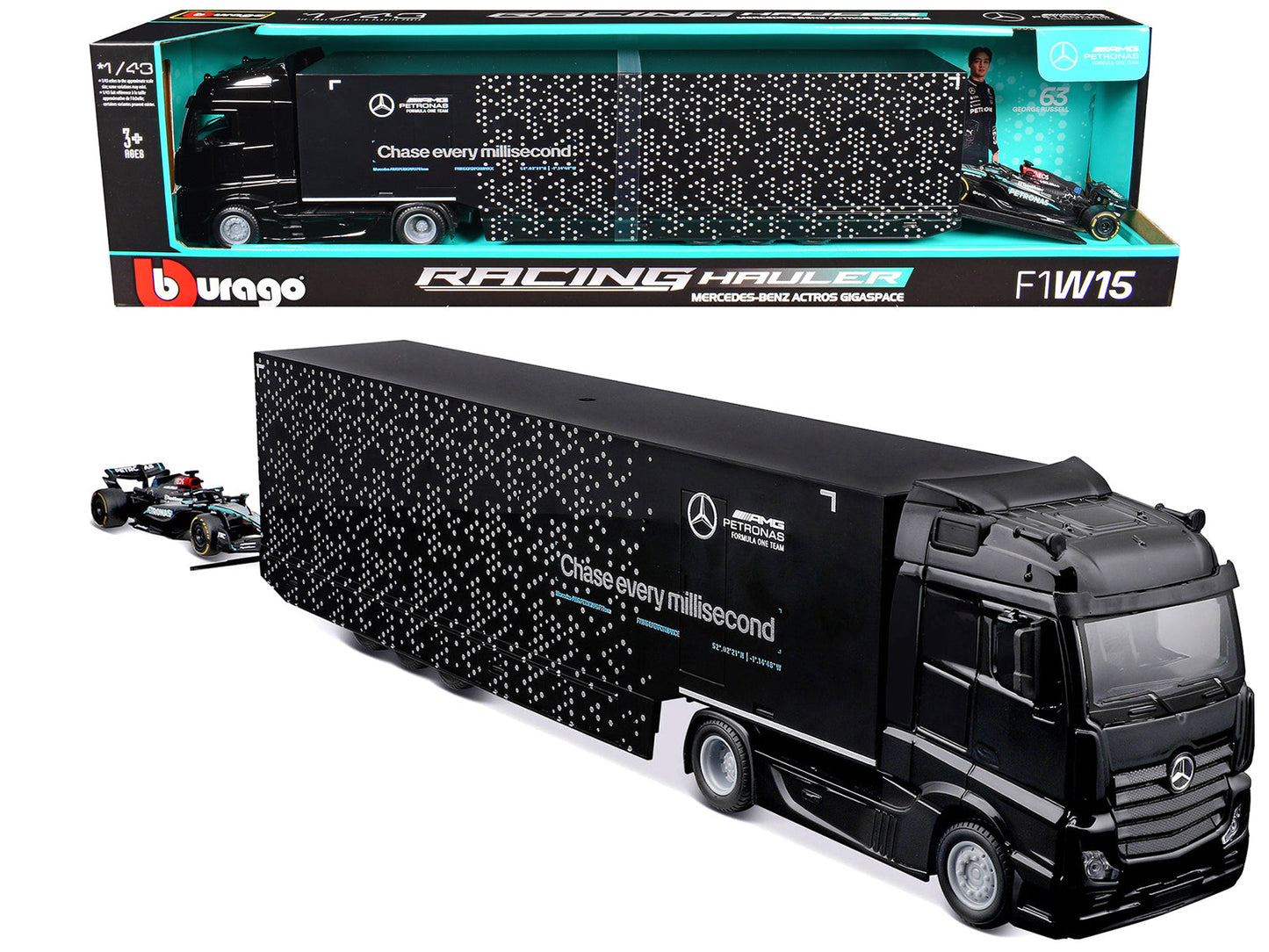 Mercedes-Benz Actros Gigaspace Car Transporter Black and Mercedes-AMG F1 W15 E Performance #63 George Russell "Petronas" Formula One F1 World Championship (2024) "Racing Hauler" Series 1/43 Diecast Model Car