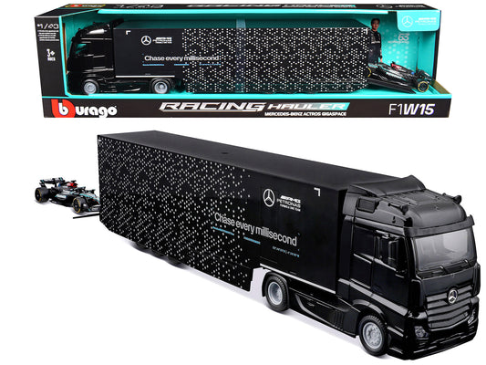 Mercedes-Benz Actros Gigaspace Car Transporter Black and Mercedes-AMG F1 W15 E Performance #63 George Russell "Petronas" Formula One F1 World Championship (2024) "Racing Hauler" Series 1/43 Diecast Model Car