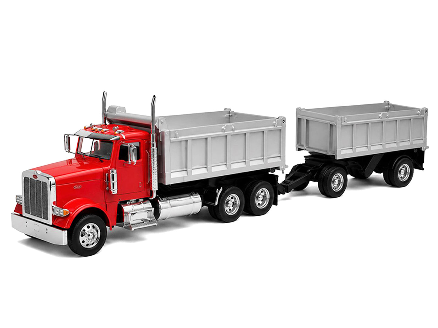 Peterbilt 379 Dump Truck Red with Gray Double Dump Trailer "Transporter" Series 1/32 Diecast Model