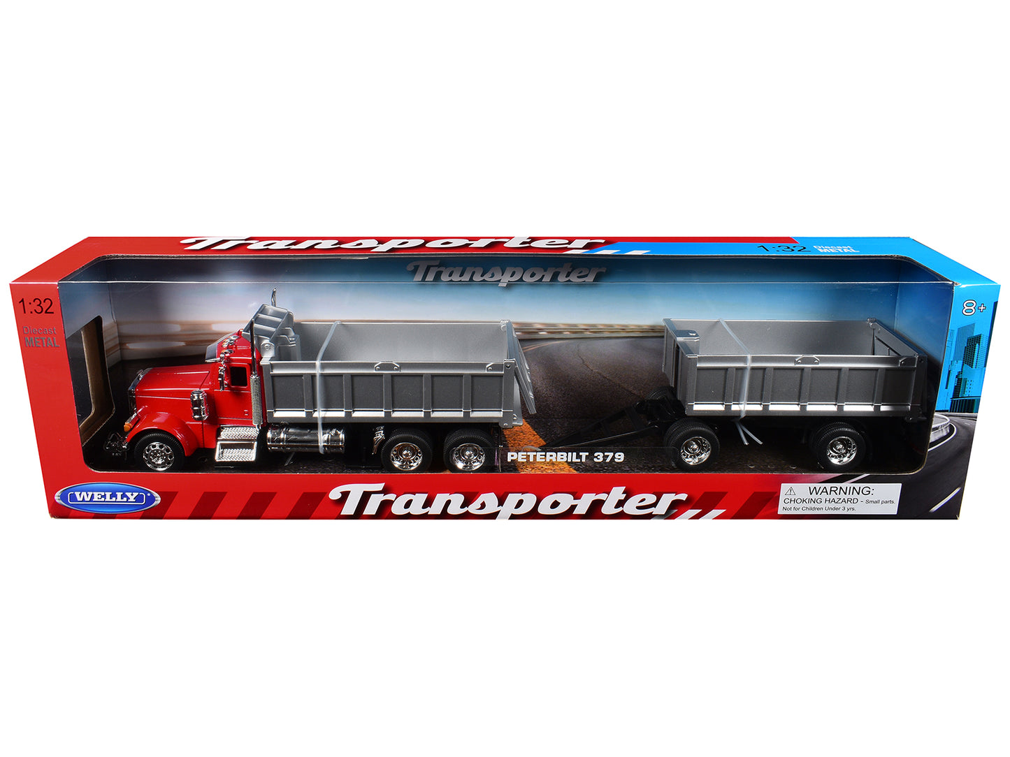 Peterbilt 379 Dump Truck Red with Gray Double Dump Trailer "Transporter" Series 1/32 Diecast Model
