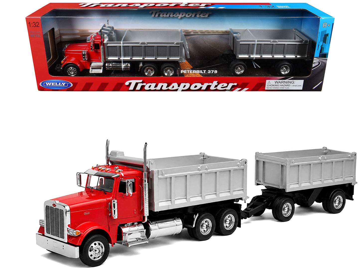 Peterbilt 379 Dump Truck Red with Gray Double Dump Trailer "Transporter" Series 1/32 Diecast Model