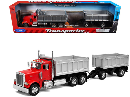 Peterbilt 379 Dump Truck Red with Gray Double Dump Trailer "Transporter" Series 1/32 Diecast Model