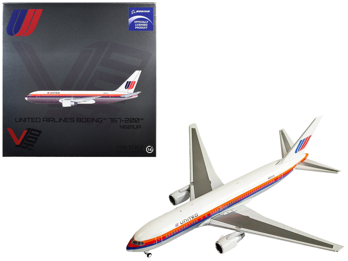 Boeing 767-200 Commercial Aircraft "United Airlines" (N601UA) White with Stripes 1/400 Diecast Model
