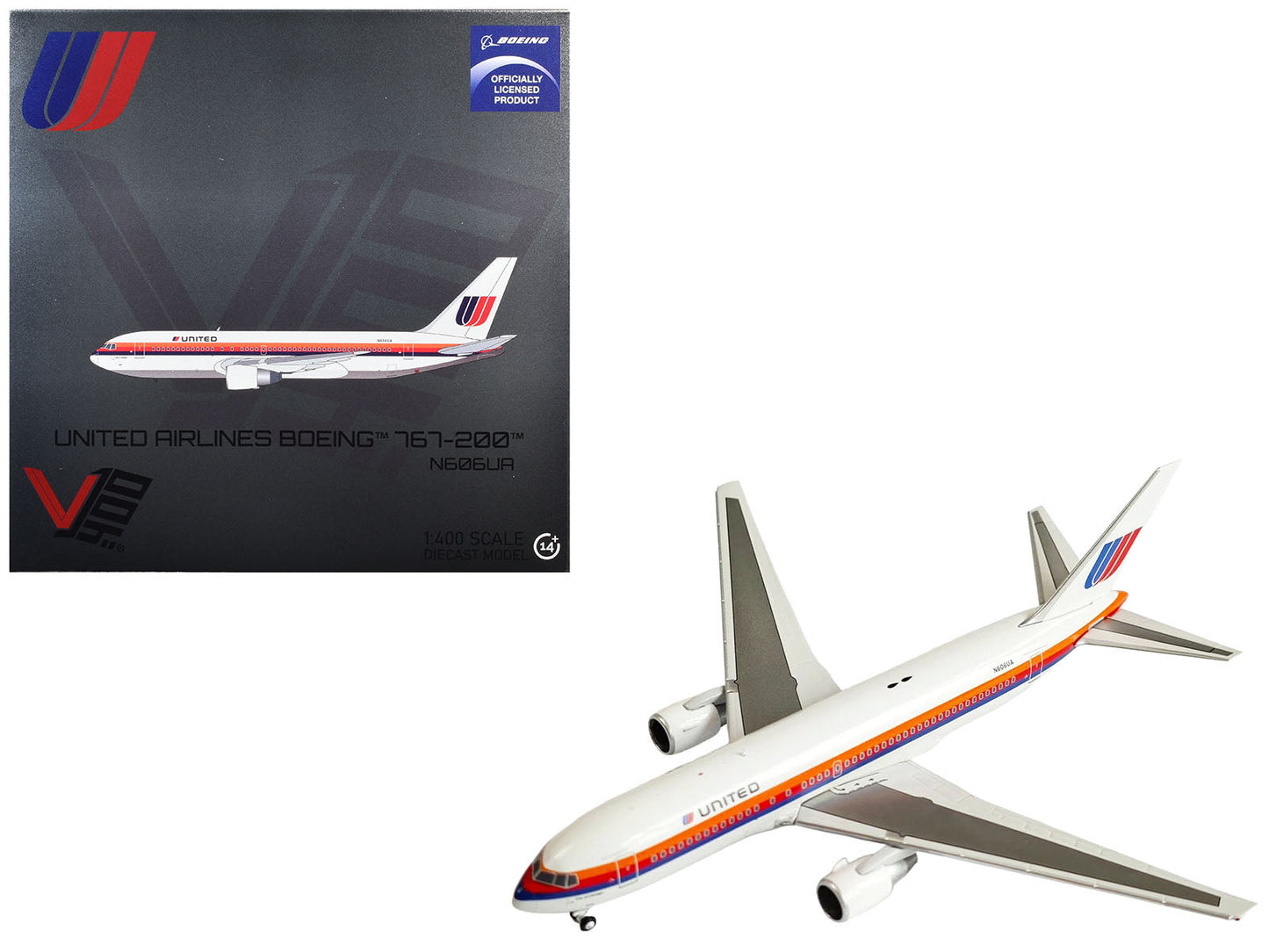 Boeing 767-200 Commercial Aircraft "United Airlines" (N606UA) White with Stripes 1/400 Diecast Model