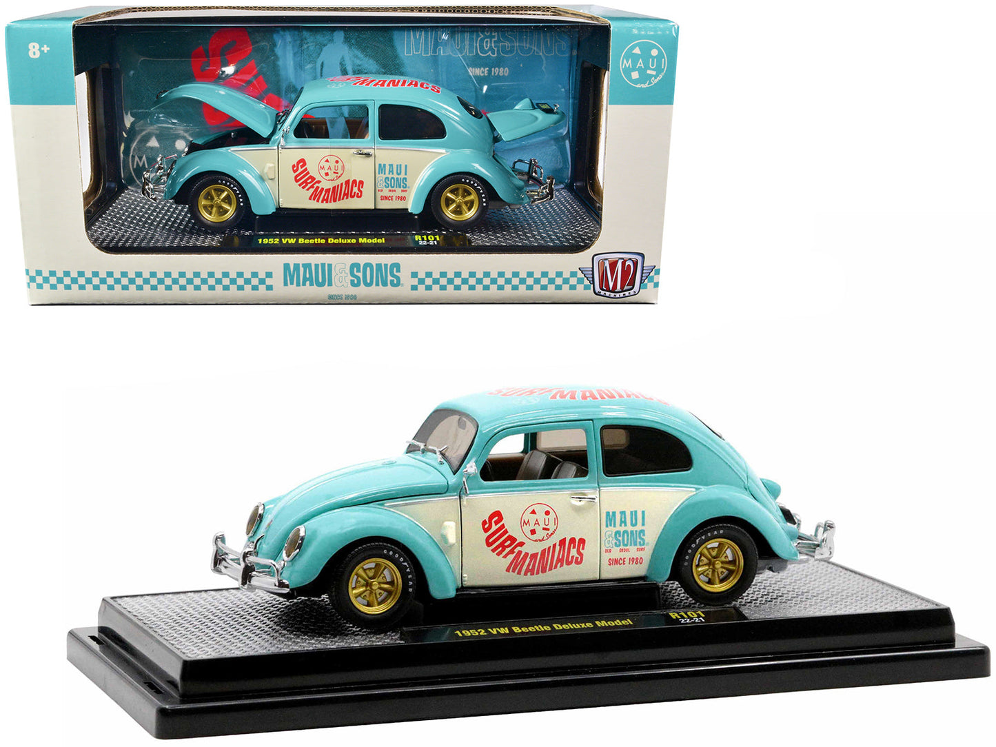 1952 Volkswagen Beetle Deluxe Model Light Blue and Wimbledon White “Maui & Sons” Limited Edition to 3850 pieces Worldwide 1/24 Diecast Model Car