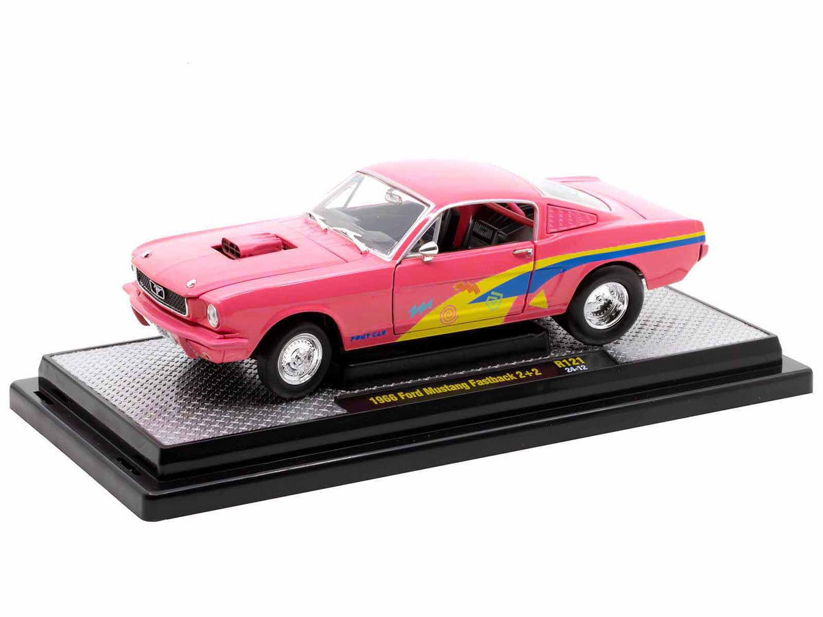 1966 Ford Mustang Fastback 2+2 Pink with Blue and Yellow Stripes "Pro Street" Limited Edition to 6250 pieces Worldwide 1/24 Diecast Model Car
