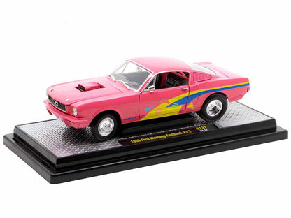 1966 Ford Mustang Fastback 2+2 Pink with Blue and Yellow Stripes "Pro Street" Limited Edition to 6250 pieces Worldwide 1/24 Diecast Model Car