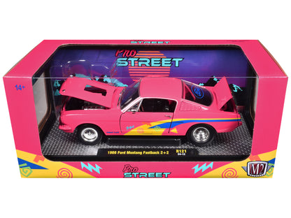 1966 Ford Mustang Fastback 2+2 Pink with Blue and Yellow Stripes "Pro Street" Limited Edition to 6250 pieces Worldwide 1/24 Diecast Model Car