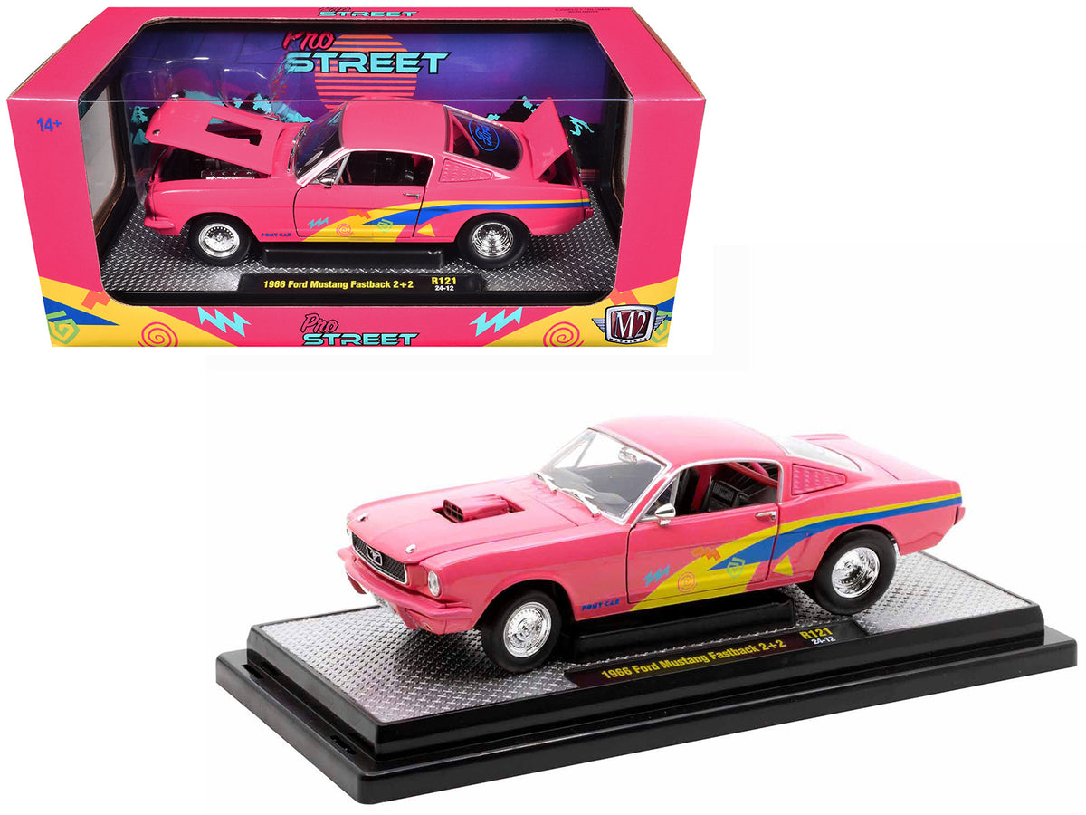 1966 Ford Mustang Fastback 2+2 Pink with Blue and Yellow Stripes "Pro Street" Limited Edition to 6250 pieces Worldwide 1/24 Diecast Model Car