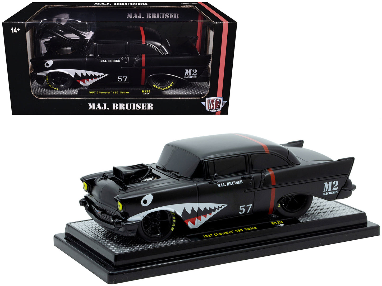 1957 Chevrolet 150 Sedan "Maj. Bruiser" Matt Black with Red Stripe and Shark Mouth Graphics Limited Edition to 6650 pieces Worldwide 1/24 Diecast Model Car