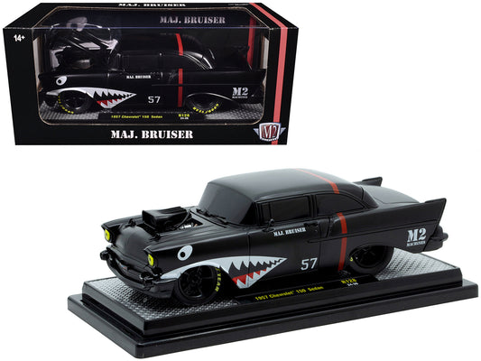 1957 Chevrolet 150 Sedan "Maj. Bruiser" Matt Black with Red Stripe and Shark Mouth Graphics Limited Edition to 6650 pieces Worldwide 1/24 Diecast Model Car